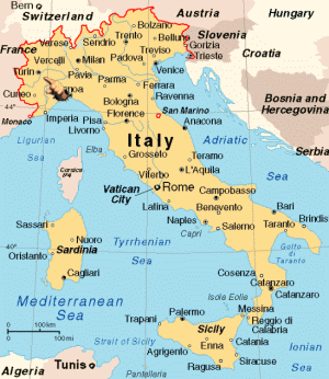 Mapa da It&aacute;lia, com destaque para a cidade de Turin